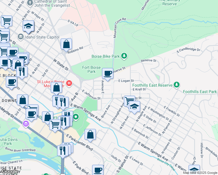 map of restaurants, bars, coffee shops, grocery stores, and more near 420 Avenue East in Boise