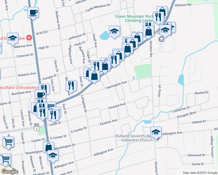 map of restaurants, bars, coffee shops, grocery stores, and more near 1 Rutland St in Rutland