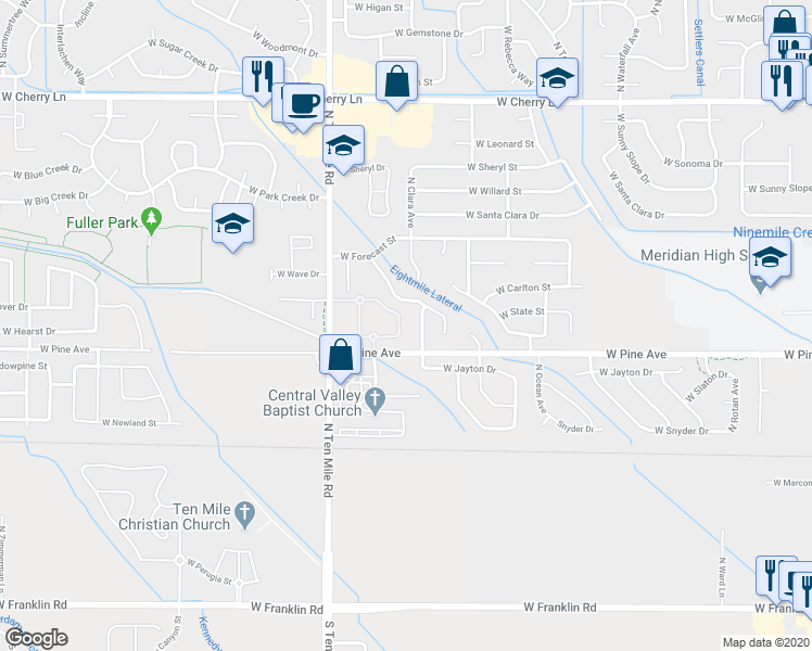 map of restaurants, bars, coffee shops, grocery stores, and more near 886 North Bonsai Lane in Meridian