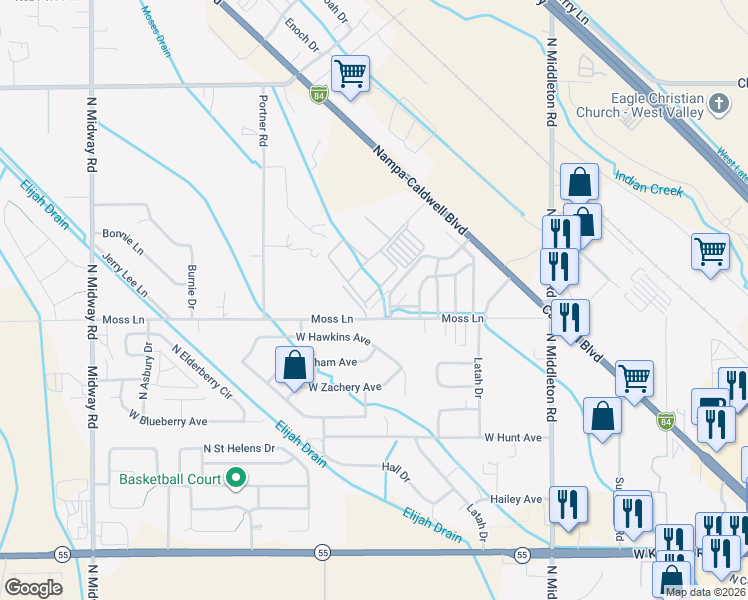 map of restaurants, bars, coffee shops, grocery stores, and more near 182 West Yellow Pine Drive in Nampa