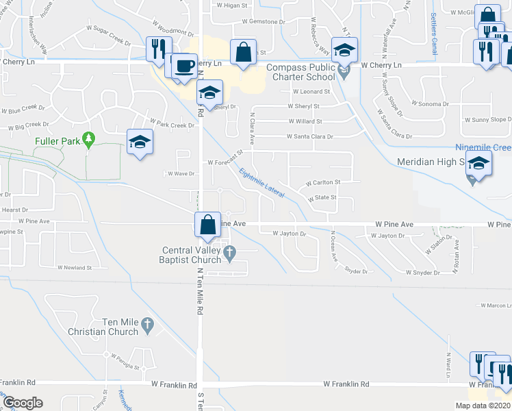 map of restaurants, bars, coffee shops, grocery stores, and more near 889 North Clara Avenue in Meridian