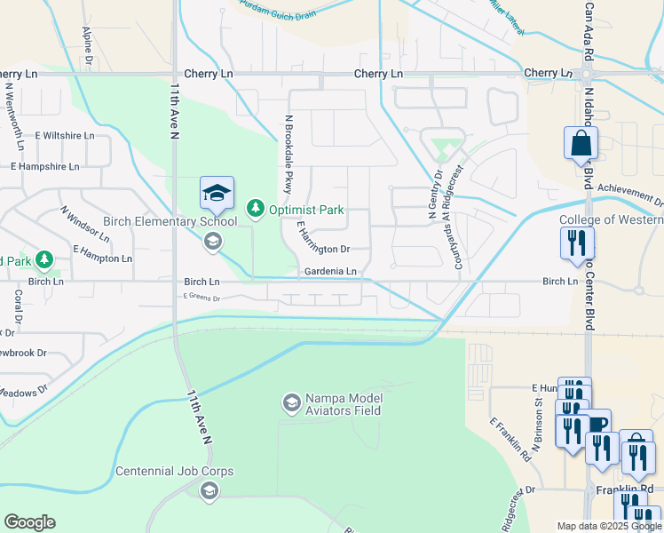 map of restaurants, bars, coffee shops, grocery stores, and more near 6626 Gardenia Lane in Nampa