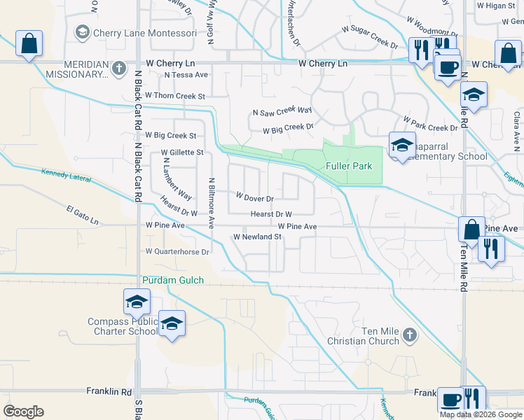 map of restaurants, bars, coffee shops, grocery stores, and more near 4213 West Hearst Drive in Meridian