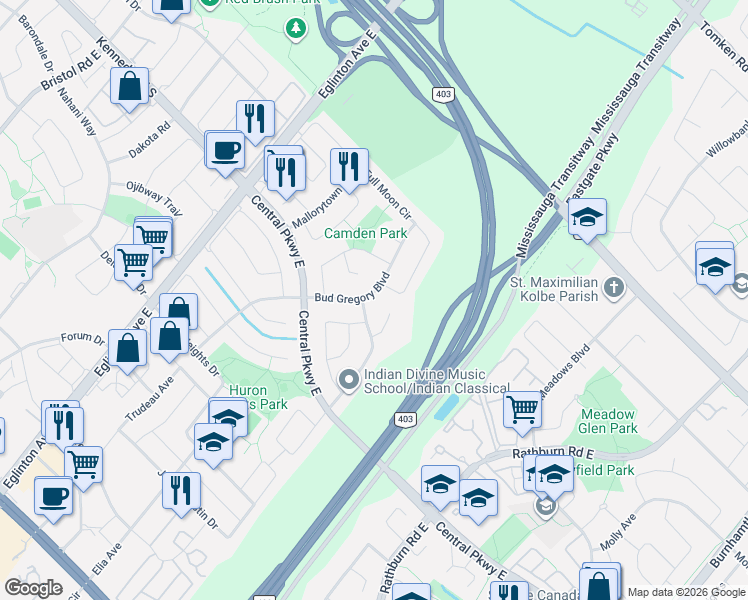 map of restaurants, bars, coffee shops, grocery stores, and more near 467 Aberfoyle Court in Mississauga