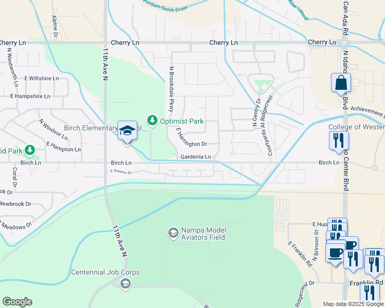 map of restaurants, bars, coffee shops, grocery stores, and more near 6626 Gardenia Lane in Nampa