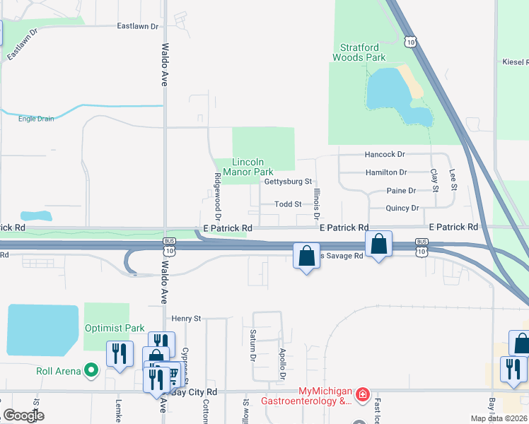map of restaurants, bars, coffee shops, grocery stores, and more near 3860 Todd Street in Midland