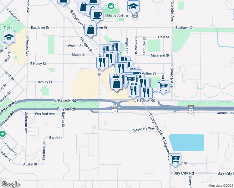 map of restaurants, bars, coffee shops, grocery stores, and more near 1900 South Saginaw Road in Midland