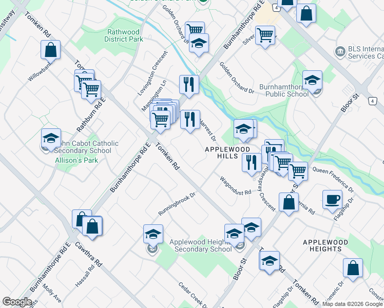 map of restaurants, bars, coffee shops, grocery stores, and more near 1012 Syeston Court in Mississauga