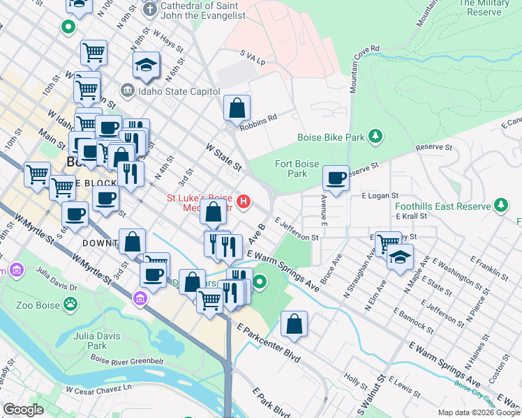 map of restaurants, bars, coffee shops, grocery stores, and more near 215 East Jefferson Street in Boise