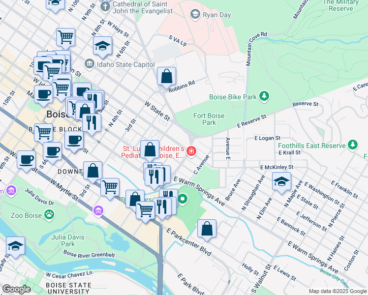 map of restaurants, bars, coffee shops, grocery stores, and more near 216 East Jefferson Street in Boise