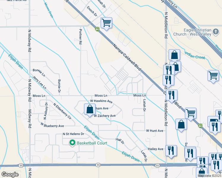 map of restaurants, bars, coffee shops, grocery stores, and more near 182 West Yellow Pine Drive in Nampa