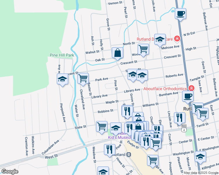 map of restaurants, bars, coffee shops, grocery stores, and more near 67 Pine Street in Rutland