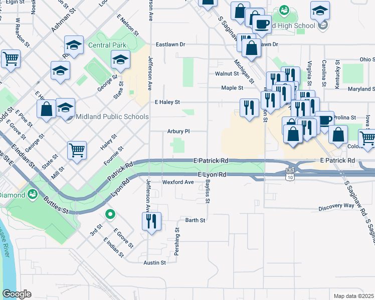 map of restaurants, bars, coffee shops, grocery stores, and more near 315 Patrick Road in Midland