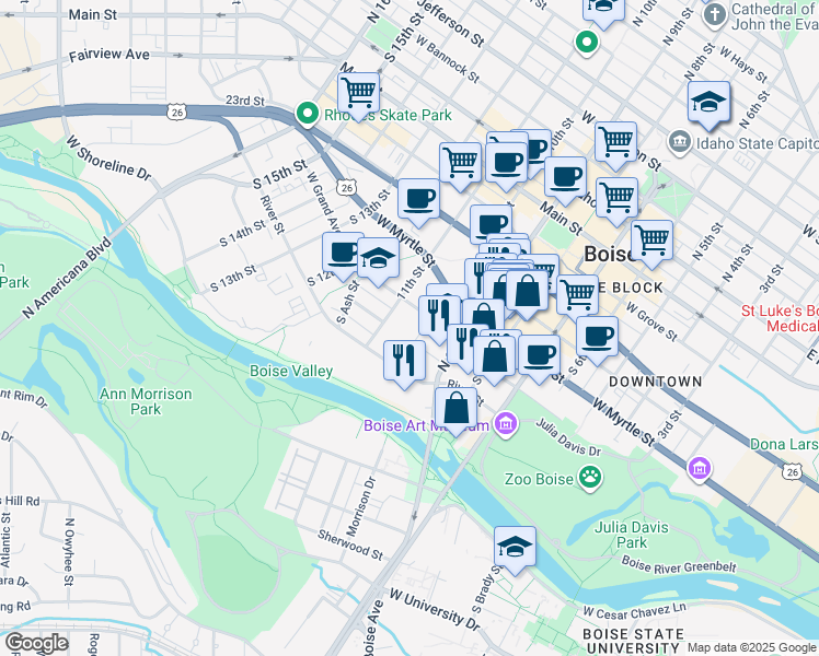 map of restaurants, bars, coffee shops, grocery stores, and more near 1050 West River Street in Boise