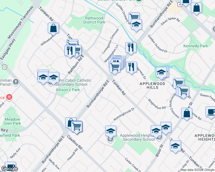 map of restaurants, bars, coffee shops, grocery stores, and more near 3665 Flamewood Drive in Mississauga