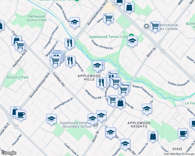 map of restaurants, bars, coffee shops, grocery stores, and more near 1120 Runningbrook Drive in Mississauga