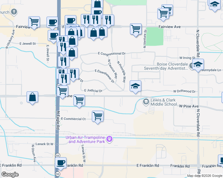 map of restaurants, bars, coffee shops, grocery stores, and more near 3831 East Presidential Drive in Meridian