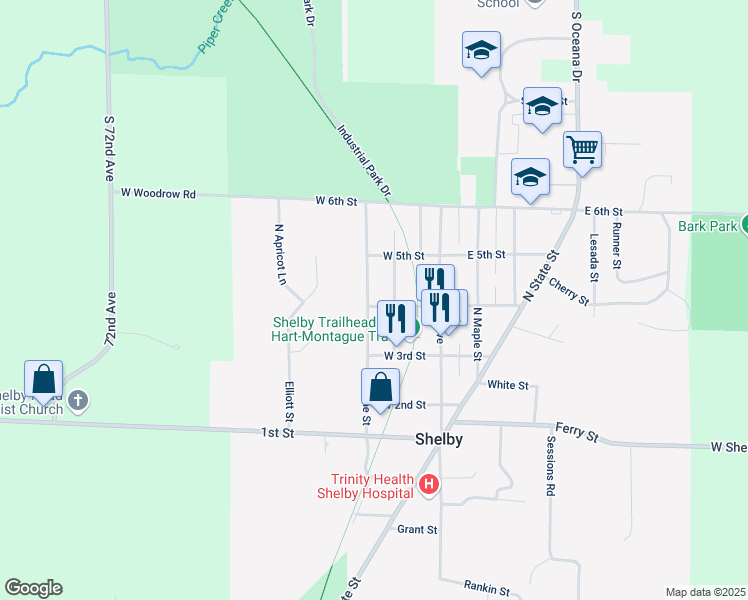 map of restaurants, bars, coffee shops, grocery stores, and more near 242 Pine Street in Shelby