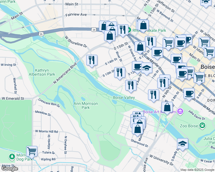 map of restaurants, bars, coffee shops, grocery stores, and more near 1199 Shoreline Lane in Boise
