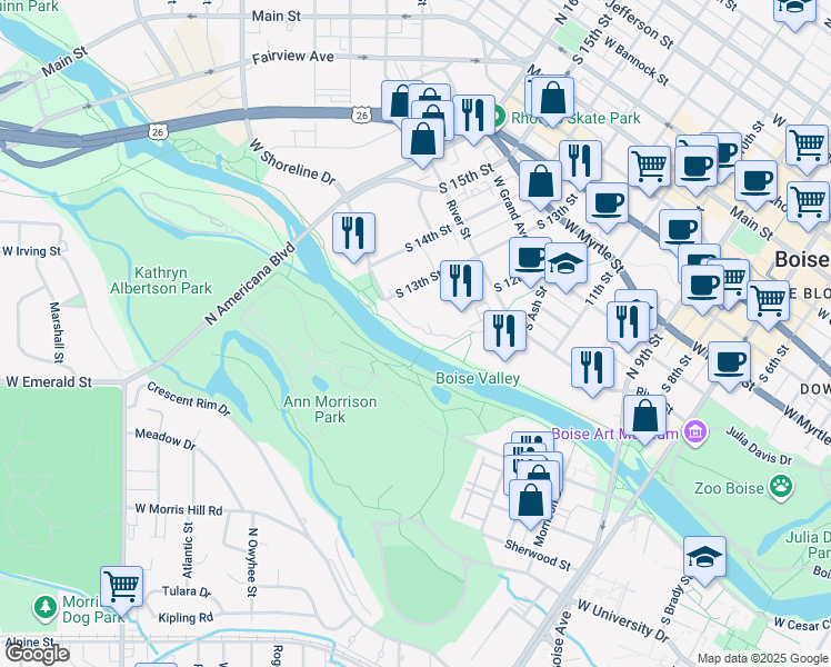 map of restaurants, bars, coffee shops, grocery stores, and more near 1199 Shoreline Lane in Boise