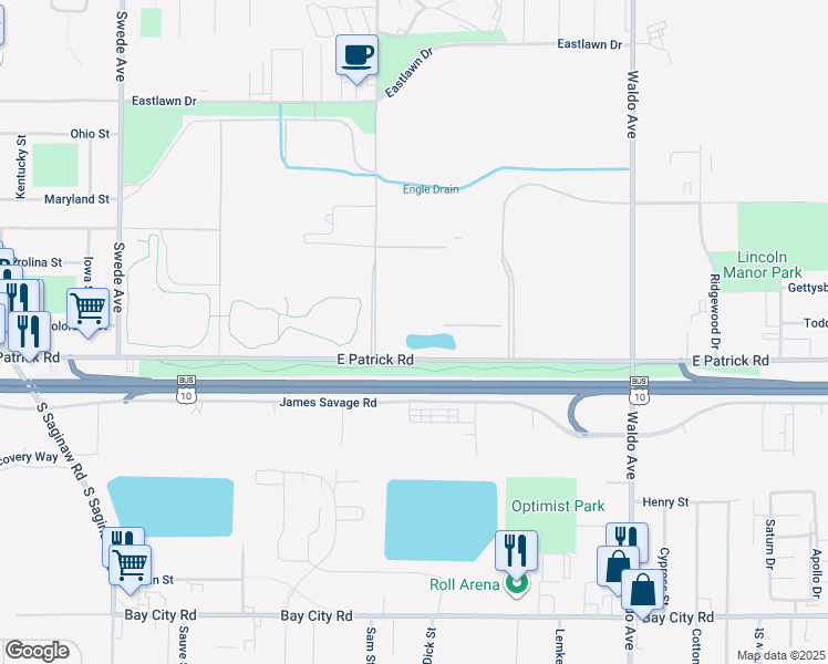 map of restaurants, bars, coffee shops, grocery stores, and more near in Midland