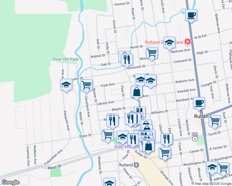 map of restaurants, bars, coffee shops, grocery stores, and more near 67 Pine Street in Rutland