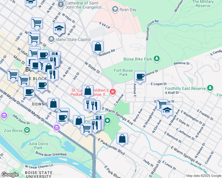 map of restaurants, bars, coffee shops, grocery stores, and more near 216 East Jefferson Street in Boise