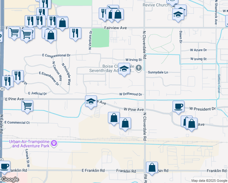 map of restaurants, bars, coffee shops, grocery stores, and more near 12542 West Driftwood Drive in Boise