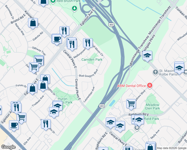 map of restaurants, bars, coffee shops, grocery stores, and more near 476 Bud Gregory Boulevard in Mississauga