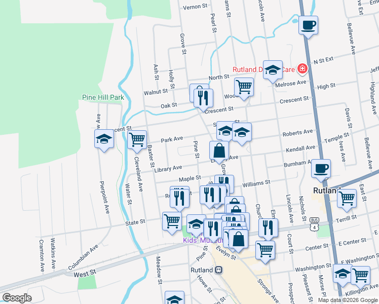 map of restaurants, bars, coffee shops, grocery stores, and more near 67 Pine Street in Rutland