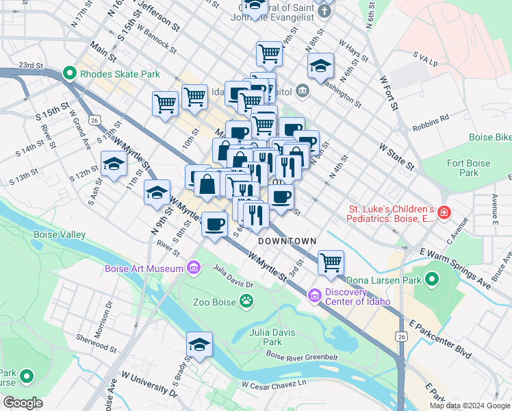 map of restaurants, bars, coffee shops, grocery stores, and more near 502 West Front Street in Boise