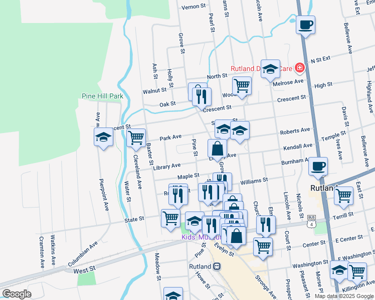 map of restaurants, bars, coffee shops, grocery stores, and more near 67 Pine Street in Rutland