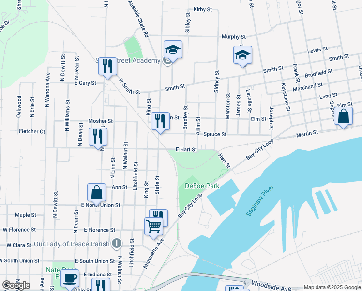 map of restaurants, bars, coffee shops, grocery stores, and more near 207 East Hart Street in Bay City