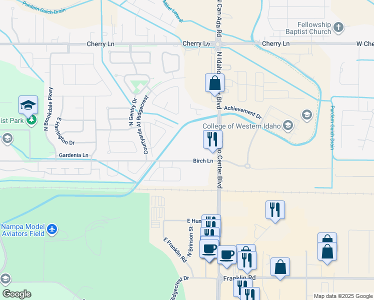 map of restaurants, bars, coffee shops, grocery stores, and more near 6152 Birch Lane in Nampa