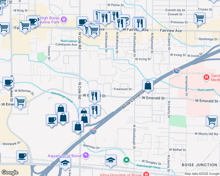 map of restaurants, bars, coffee shops, grocery stores, and more near 850 Camelot Drive in Boise