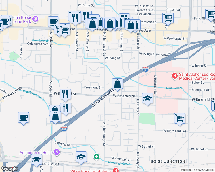 map of restaurants, bars, coffee shops, grocery stores, and more near 950 North Allumbaugh Street in Boise