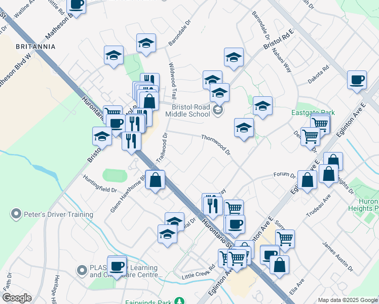 map of restaurants, bars, coffee shops, grocery stores, and more near 100 Palomino Drive in Mississauga