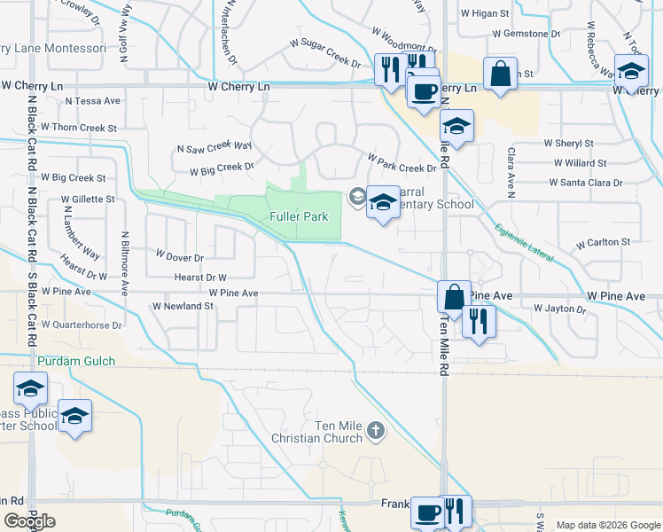 map of restaurants, bars, coffee shops, grocery stores, and more near 3900-4098 West Pine Avenue in Meridian