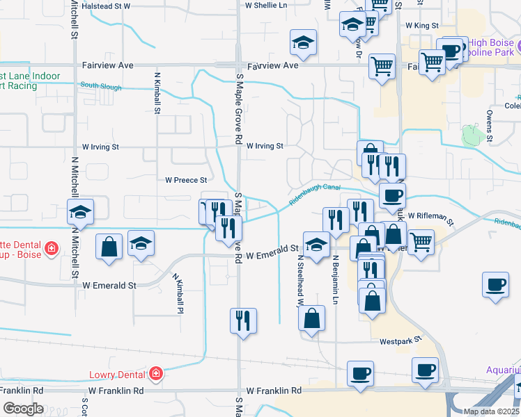 map of restaurants, bars, coffee shops, grocery stores, and more near 826 North Maple Grove Road in Boise
