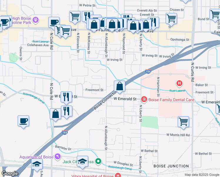map of restaurants, bars, coffee shops, grocery stores, and more near 6650 Emerald Street in Boise