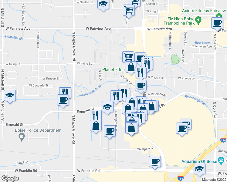 map of restaurants, bars, coffee shops, grocery stores, and more near 8558 West Rifleman Street in Boise