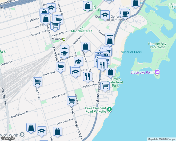 map of restaurants, bars, coffee shops, grocery stores, and more near 55 Mimico Avenue in Toronto