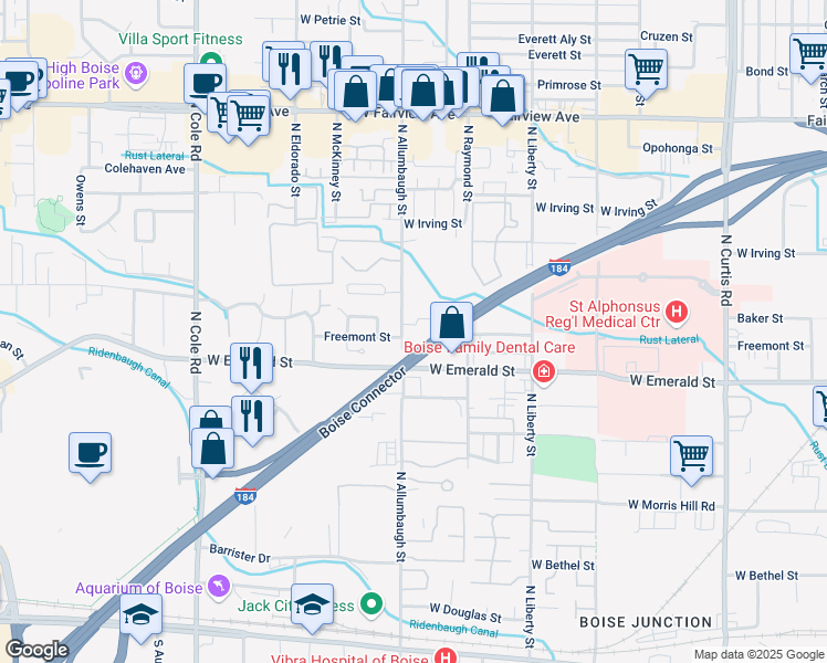 map of restaurants, bars, coffee shops, grocery stores, and more near 950 Allumbaugh Street in Boise