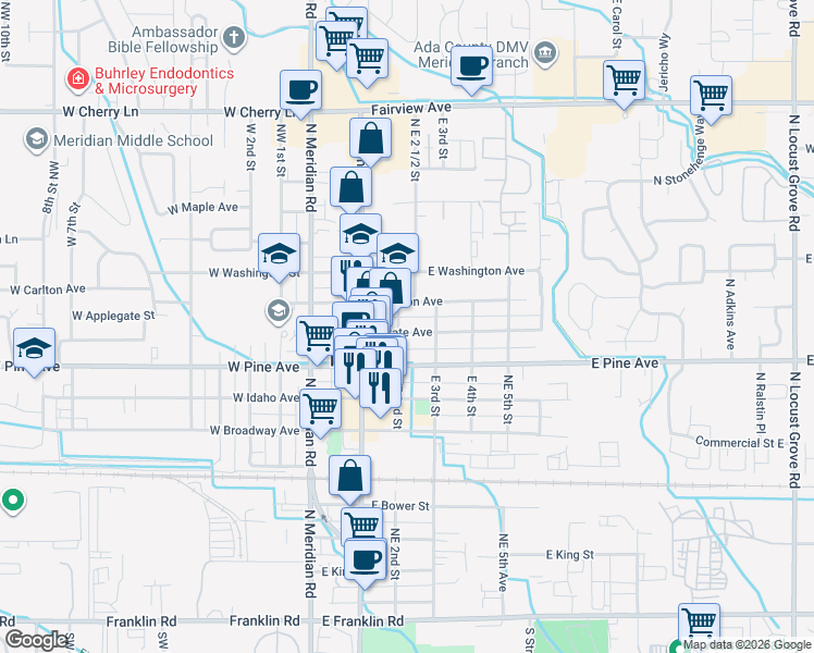 map of restaurants, bars, coffee shops, grocery stores, and more near 221 East State Avenue in Meridian
