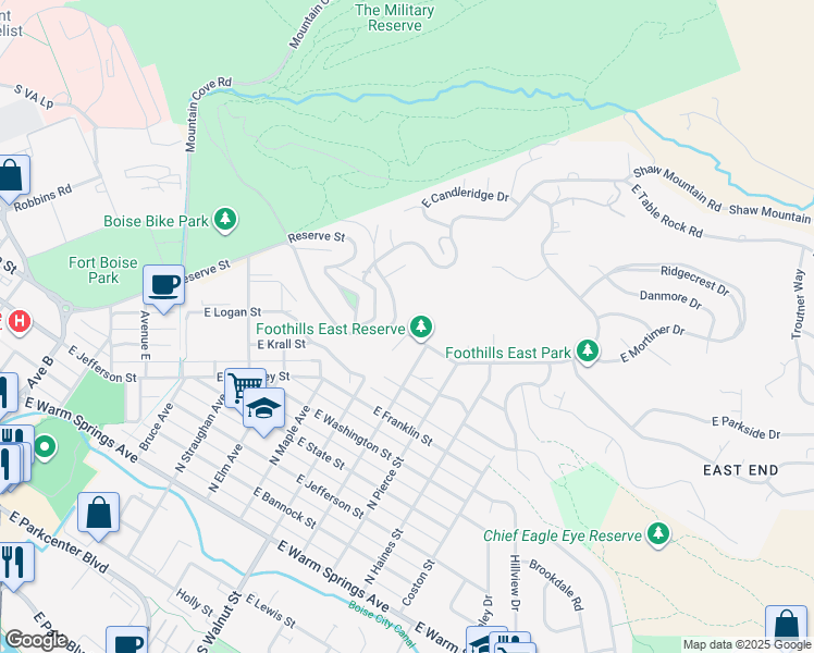 map of restaurants, bars, coffee shops, grocery stores, and more near 1220 Shenandoah Drive in Boise
