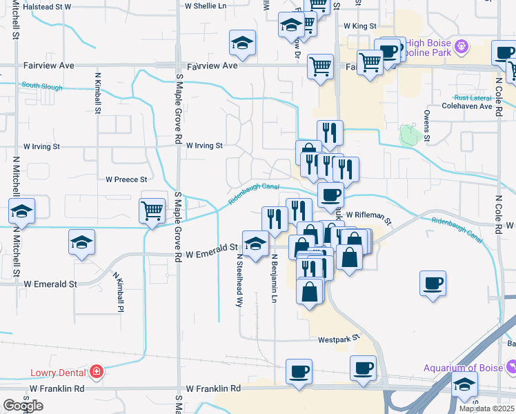 map of restaurants, bars, coffee shops, grocery stores, and more near 8559 West Rifleman Drive in Boise