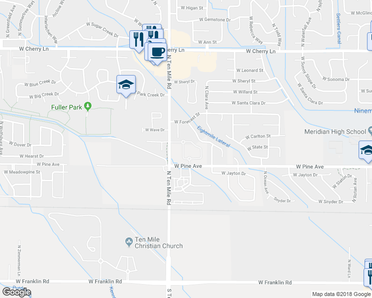 map of restaurants, bars, coffee shops, grocery stores, and more near 3032 North Brandywine Lane in Meridian