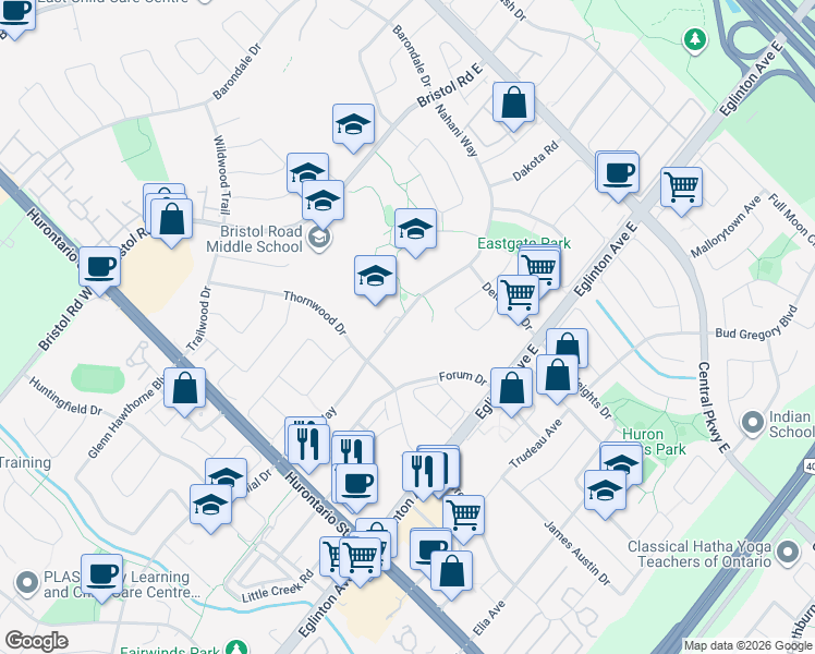 map of restaurants, bars, coffee shops, grocery stores, and more near 175 Nahani Way in Mississauga