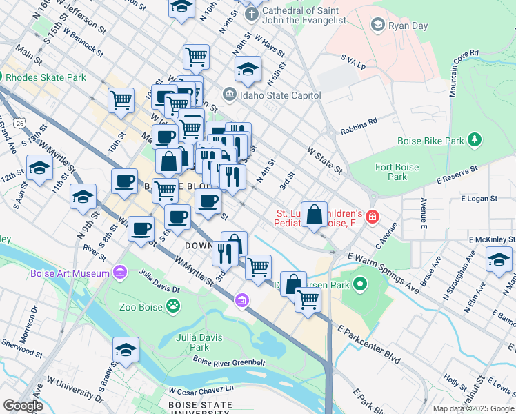 map of restaurants, bars, coffee shops, grocery stores, and more near in Boise
