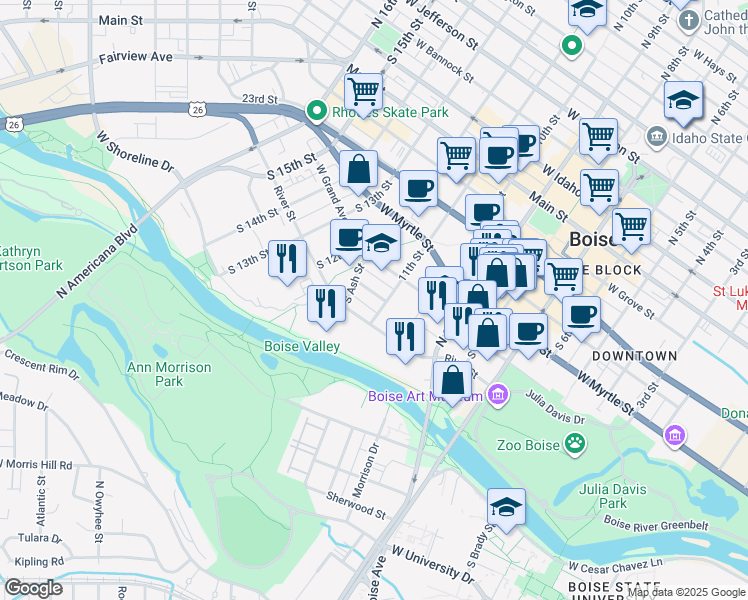map of restaurants, bars, coffee shops, grocery stores, and more near 1050 West River Street in Boise